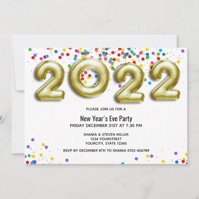 Gold New Year 2022 Balloon Colourful Confetti Part Invitation (Front)