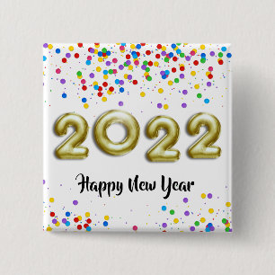 Gold New Year 2022 Balloons Colourful Confetti 2 Inch Square Button
