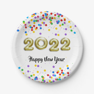 Gold New Year 2022 Balloons Colourful Confetti Paper Plate