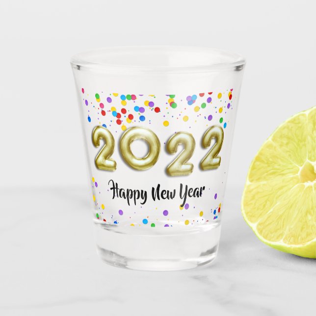 Gold New Year 2022 Balloons Colourful Confetti Shot Glass (Front)