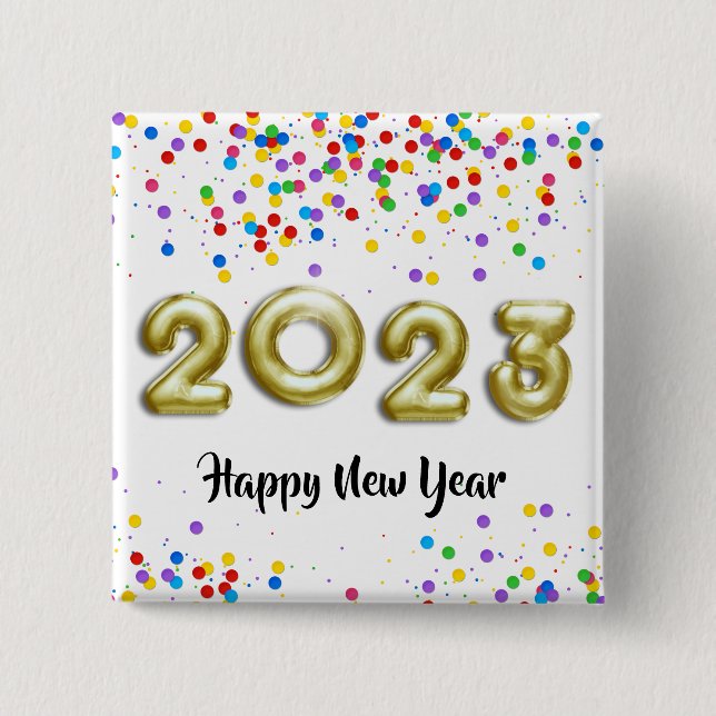 Gold New Year 2023 Balloons Colourful Confetti 2 Inch Square Button (Front)