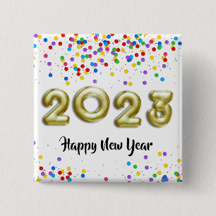 Gold New Year 2023 Balloons Colourful Confetti 2 Inch Square Button