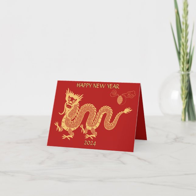 Gold New Year Dragon 2024 Chinese Open Holiday Card (Front)