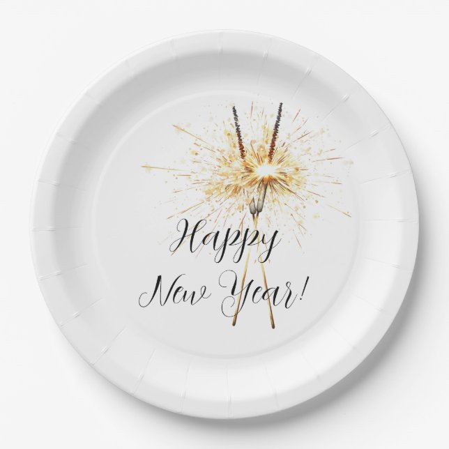 Gold New Year's Eve Day Celebration Sparklers Paper Plate (Front)