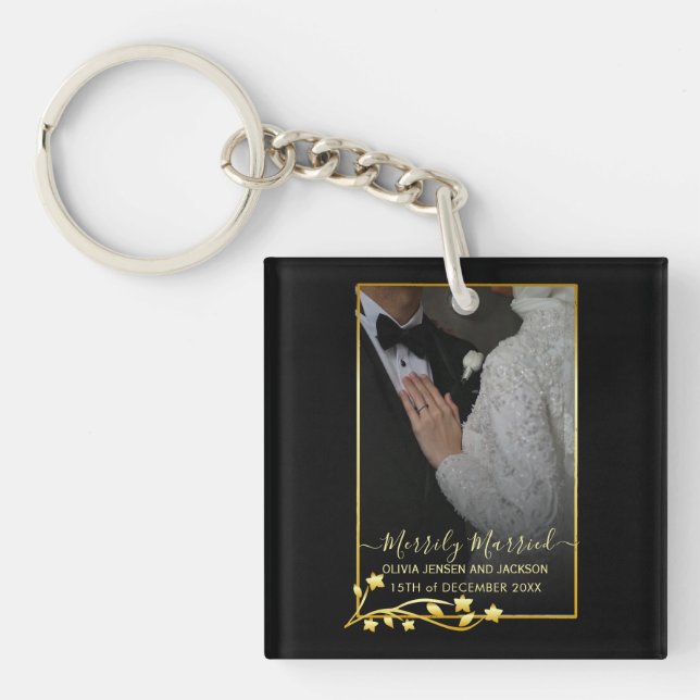 Gold Night Stars Frame Christmas Wedding Photo Keychain (Front)