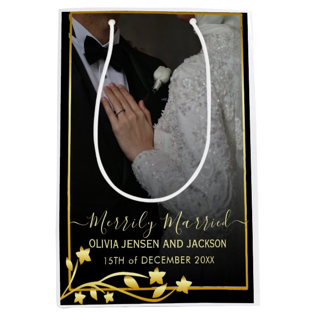 Gold Night Stars Frame Christmas Wedding Photo Medium Gift Bag (Front)