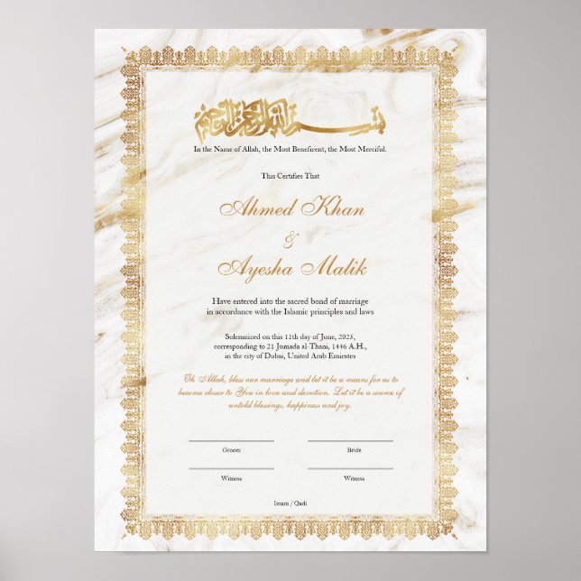 Gold Nikkah Certificate for Muslim Islamic Wedding Poster (Front)