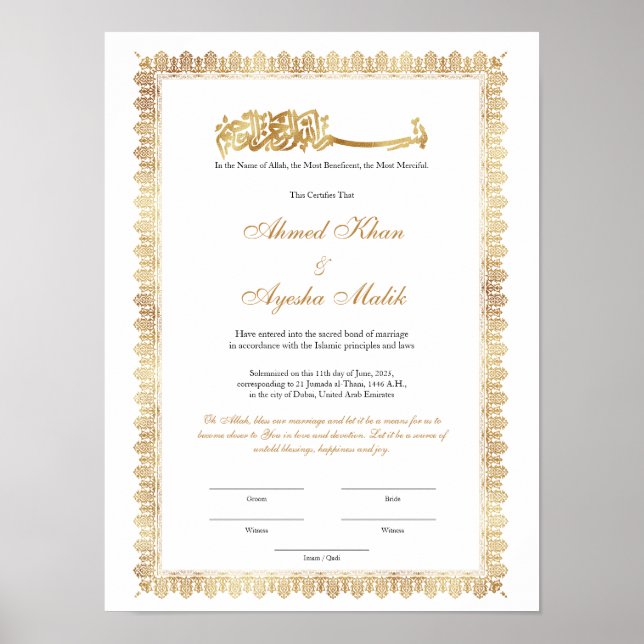 Gold Nikkah Certificate for Muslim Islamic Wedding Poster (Front)