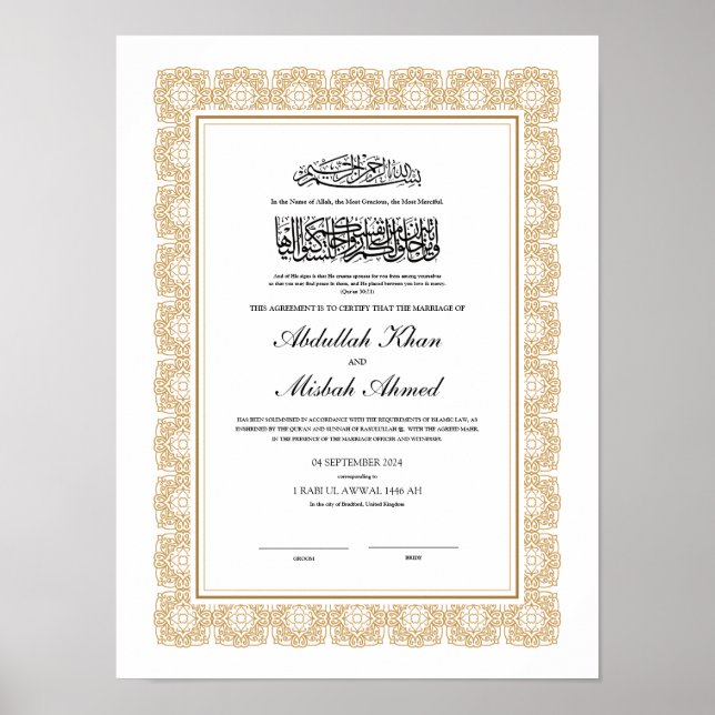 Gold Nikkah Certificate for Muslim Islamic Wedding Poster (Front)