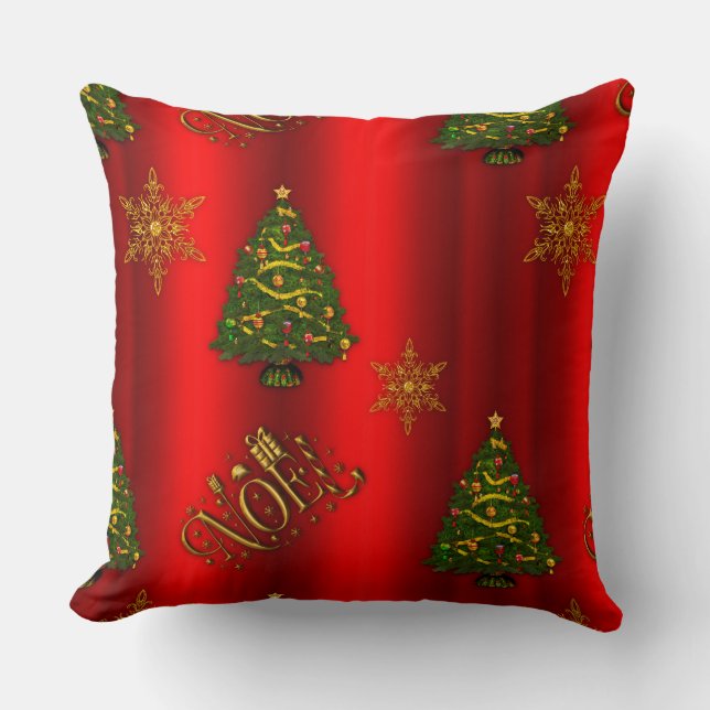 Gold Noel and Christmas Trees Red Throw Pillow (Front)