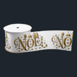 Gold Noel on White Christmas Satin Ribbon<br><div class="desc">A cute and contemporary Christmas ribbon with a pattern of gold 'Noel' greetings,  complete with tiny little festive elements,  such as lettering made of candy canes,  Santa's hats,  gift boxes and surrounded by gold Christmas stars.</div>