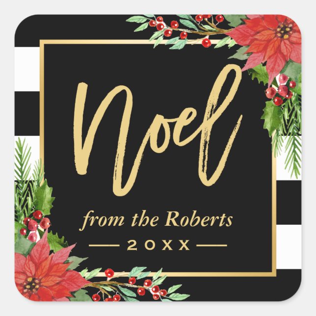 Gold Noel Script Christmas Poinsettia Floral Decor Square Sticker (Front)