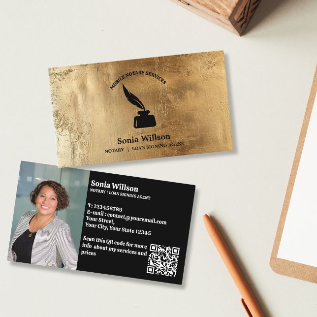 Gold Notary Public Loan Signing Photo QR Code Business Card (Creator Uploaded)