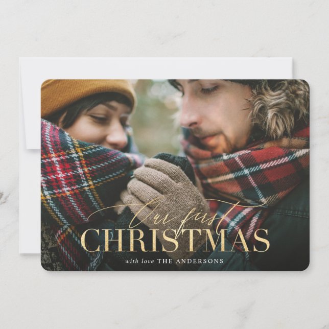 Gold notre premier carte photo rouge plaid de Noël (Devant)