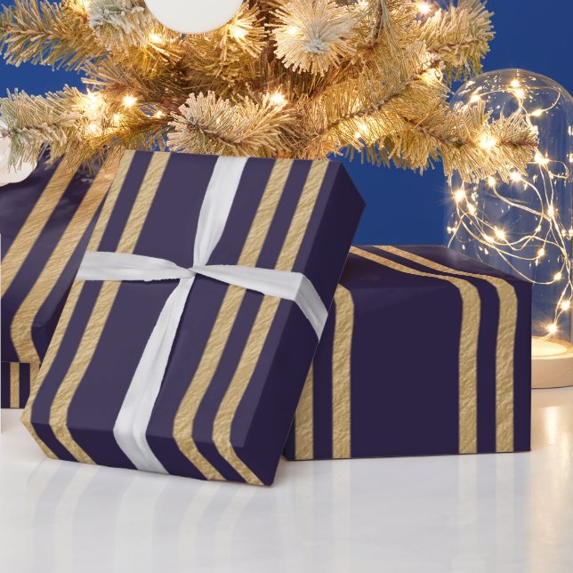 Gold Nugget Stripes on a Navy Blue Background Wrapping Paper (Holidays)