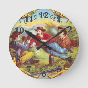 Gold Nuggets: Antique Cigar Label Wild West Art Round Clock