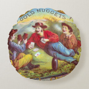 Gold Nuggets: Antique Cigar Label Wild West Art Round Pillow