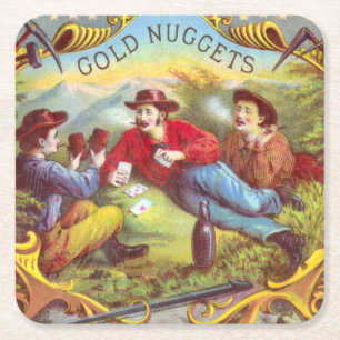 Gold Nuggets: Antique Cigar Label Wild West Art Square Paper Coaster