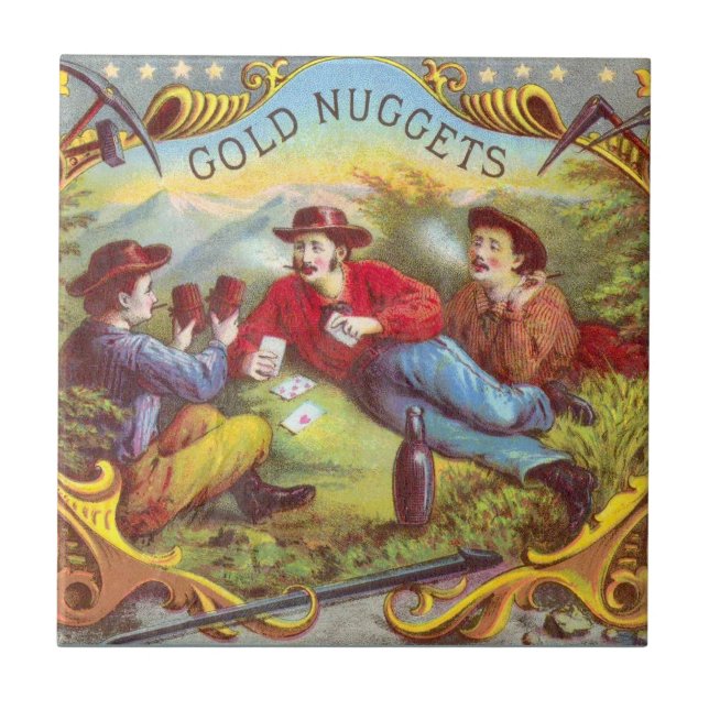 Gold Nuggets: Antique Cigar Label Wild West Art Tile (Front)