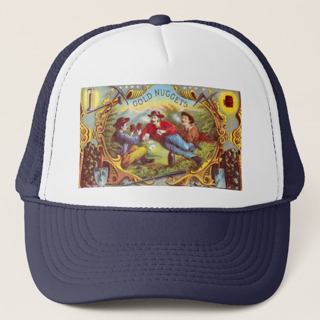 Gold Nuggets: Antique Cigar Label Wild West Art Trucker Hat (Front)