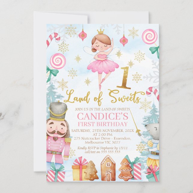 Gold Number Nutcracker Land of Sweets 1st Birthday Invitation (Front)