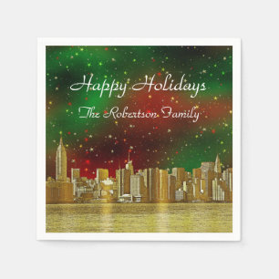 Gold NYC Skyline #1 Christmas Red Green Starry Napkin
