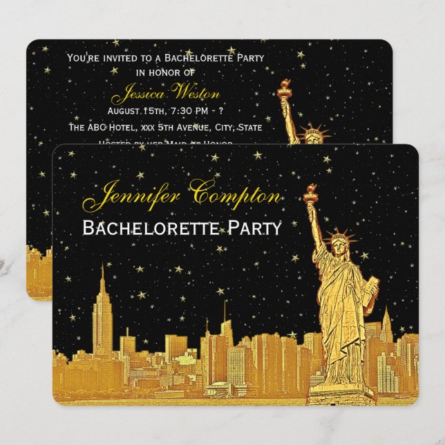 Gold NYC Skyline #2 Black Starry BGH Bridal Shower Invitation (Front/Back)
