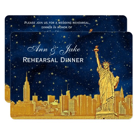 Gold NYC Skyline #2 Blue Starry H Rehearsal Dinner Card