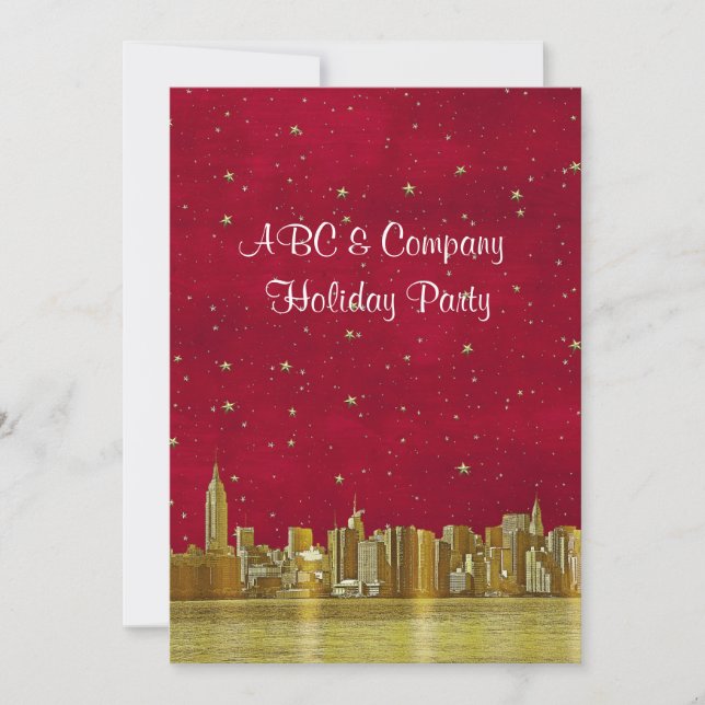 Gold NYC Skyline Christmas Red Starry Invitation (Front)