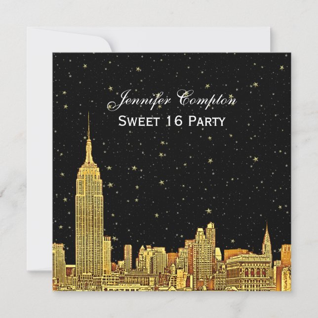 Gold NYC Skyline Etch Starry BG Colour SQ Sweet 16 Invitation (Front)