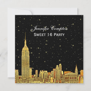 Gold NYC Skyline Etch Starry BG Colour SQ Sweet 16 Invitation