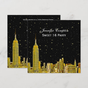 Gold NYC Skyline Etched Starry DIY BG SQ Sweet 16 Invitation