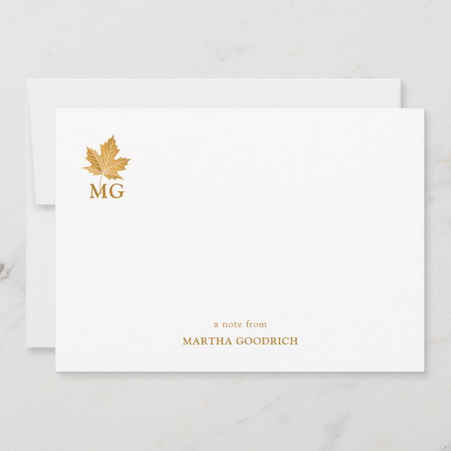 Gold Ochre Maple Leaf Personalized Monogram Card (Front)