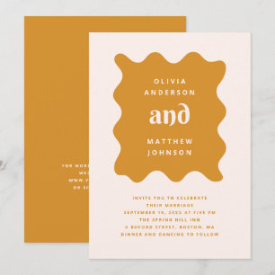 Gold Ochre Modern Wedding   Mustard Wavy + QR Code Invitation