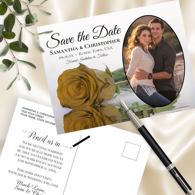 Gold Ochre Rose Oval Photo Wedding Save The Date Announcement Postcard (Creator Uploaded)