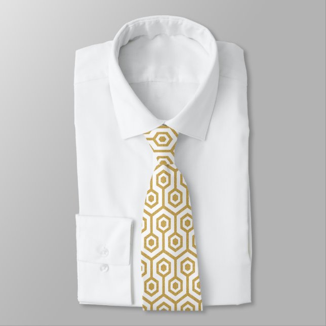 Gold Octagonal Pattern On Custom White Background Tie (Tied)