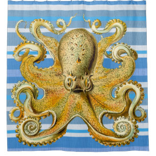 Gold Octopus Blue white stripe Shower curtain