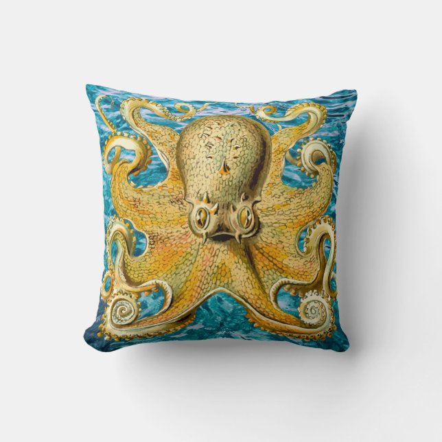 Gold Octopus Ocean waves decor pillow (Front)