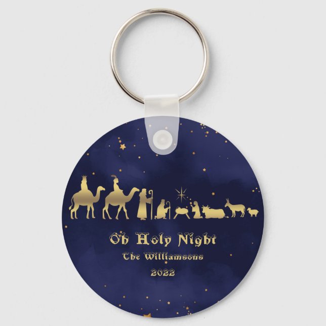 Gold Oh Holy Starry Night Christmas Ceramic  Keychain (Front)