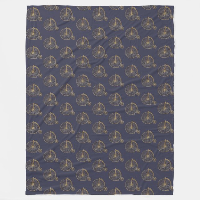 Gold Old Fashioned Unicycle Line Drawing Navy Blue Fleece Blanket (Front)