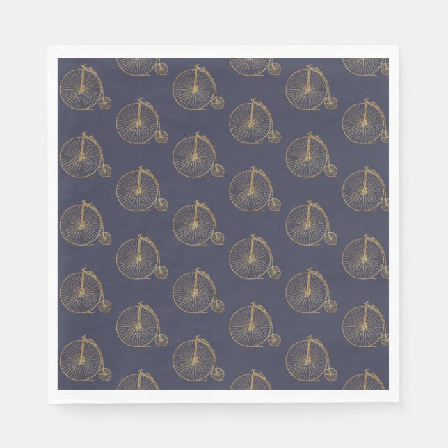 Gold Old Fashioned Unicycle Line Drawing Navy Blue Napkin (Front)