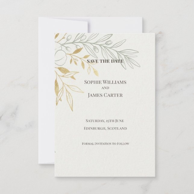 Gold Olive Branch Save the Date Card (Front)