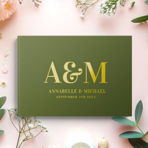 GOLD OLIVE GREEN MONOGRAM MINIMALIST WEDDING  GUEST BOOK