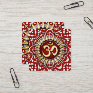 Gold OM Holistic Red White Mandala Square Business Card