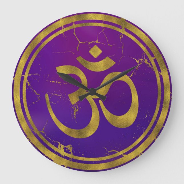 Gold OM symbol - Aum, Omkara  on Purple/Indigo Large Clock (Front)
