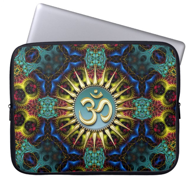 Gold OM Teal+Blue Fractal Tapestry Laptop Sleeve (Front)