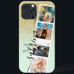 gold ombre 4 photo grid collage name mint monogram iPhone 13 pro max case<br><div class="desc">Modern 4 photos grid collage name and monogram yellow gold glitter ombre on pastel mint green with a photo booth style collage</div>