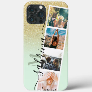 gold ombre 4 photo grid collage name mint monogram iPhone 13 pro max case