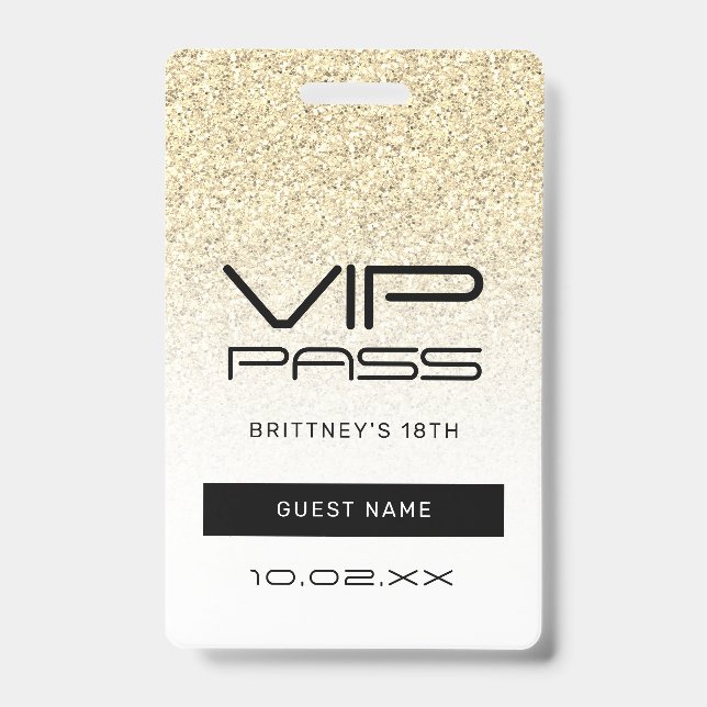 Gold Ombre Glitter Glam VIP Pass 18th Invitation Badge (Front)