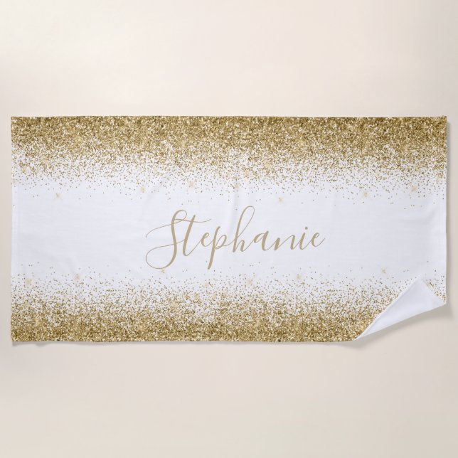 Gold Ombre Glitter Personalized Beach Towel (Front)